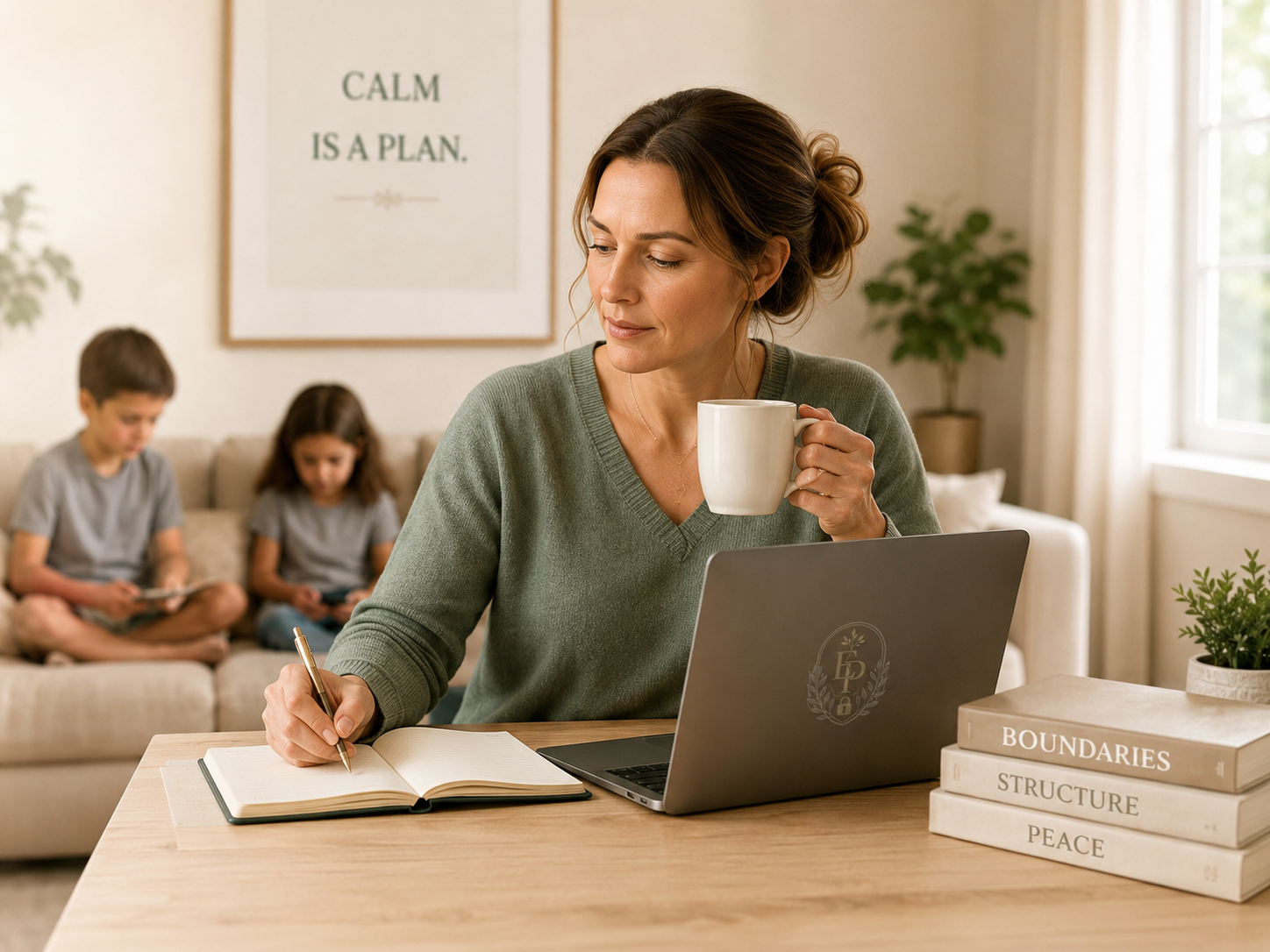 Calm parent writing at a desk while children sit quietly in the background