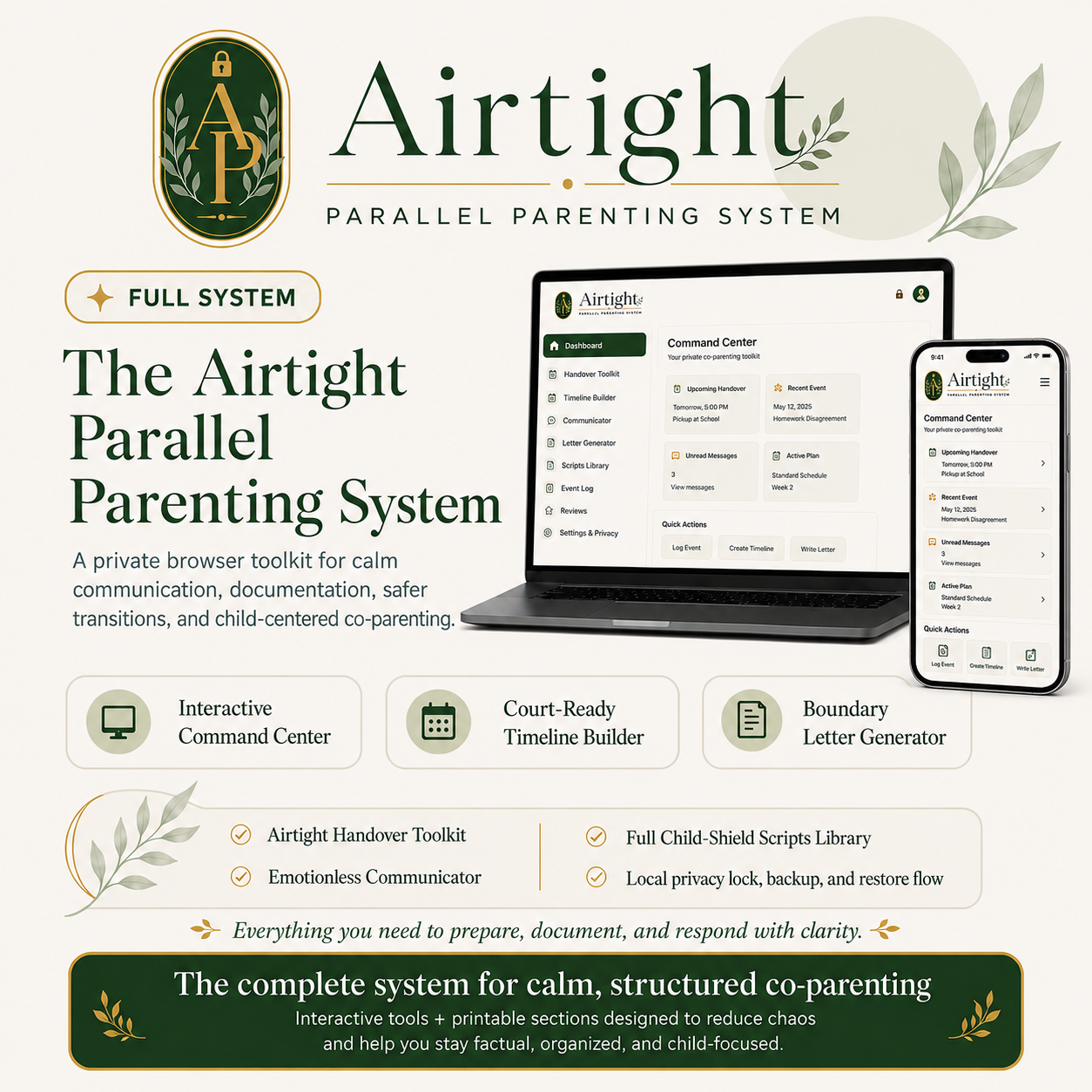 The Airtight Parallel Parenting System workbook, tablet, and phone mockup