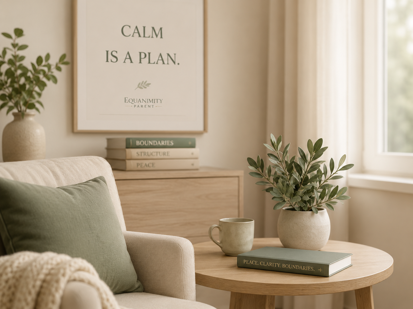 Peaceful home vignette with greenery